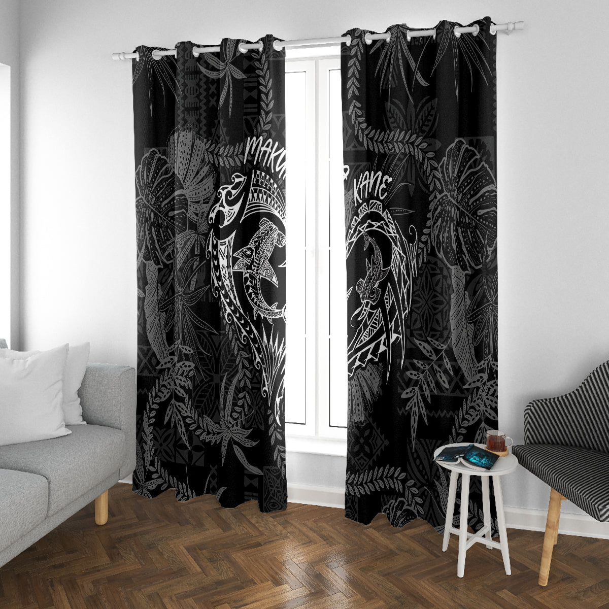 Hawaii Father's Day Vintage Lei Window Curtain Hauoli la Makuakane - Black LT7 With Grommets Black - Polynesian Pride