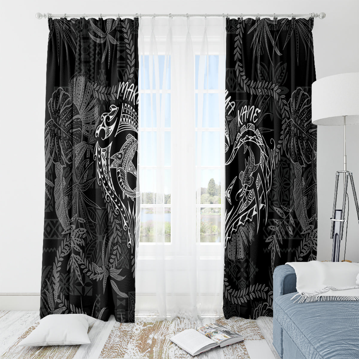 Hawaii Father's Day Vintage Lei Window Curtain Hauoli la Makuakane - Black LT7 - Polynesian Pride