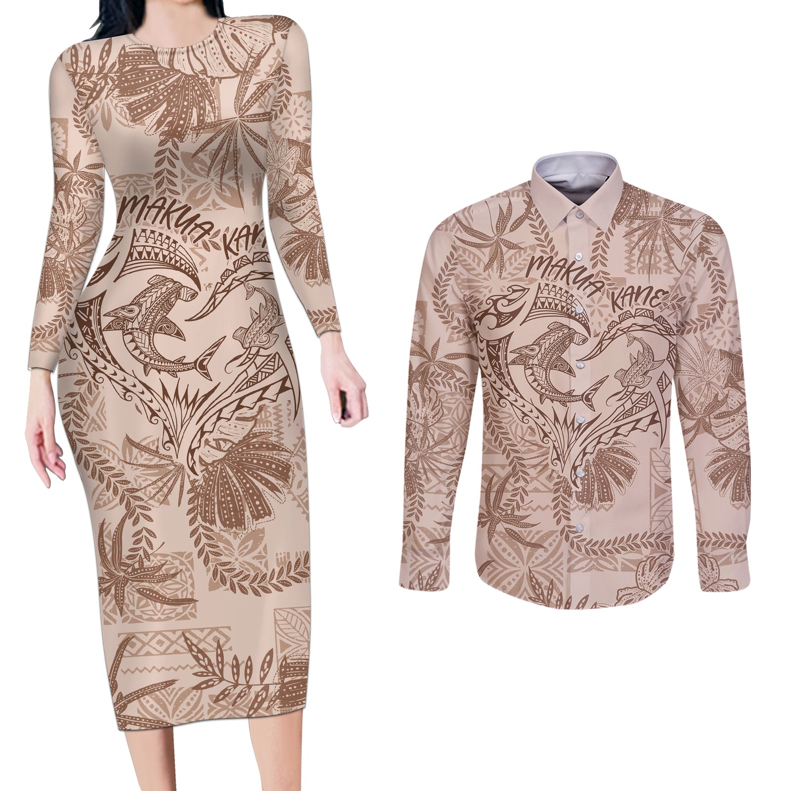 Hawaii Father's Day Vintage Lei Couples Matching Long Sleeve Bodycon Dress and Long Sleeve Button Shirt Hauoli la Makuakane - Beige LT7 Beige - Polynesian Pride