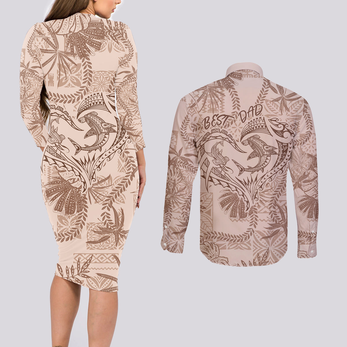 Hawaii Father's Day Vintage Lei Couples Matching Long Sleeve Bodycon Dress and Long Sleeve Button Shirt Hauoli la Makuakane - Beige