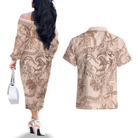 Hawaii Father's Day Vintage Lei Couples Matching Off The Shoulder Long Sleeve Dress and Hawaiian Shirt Hauoli la Makuakane - Beige