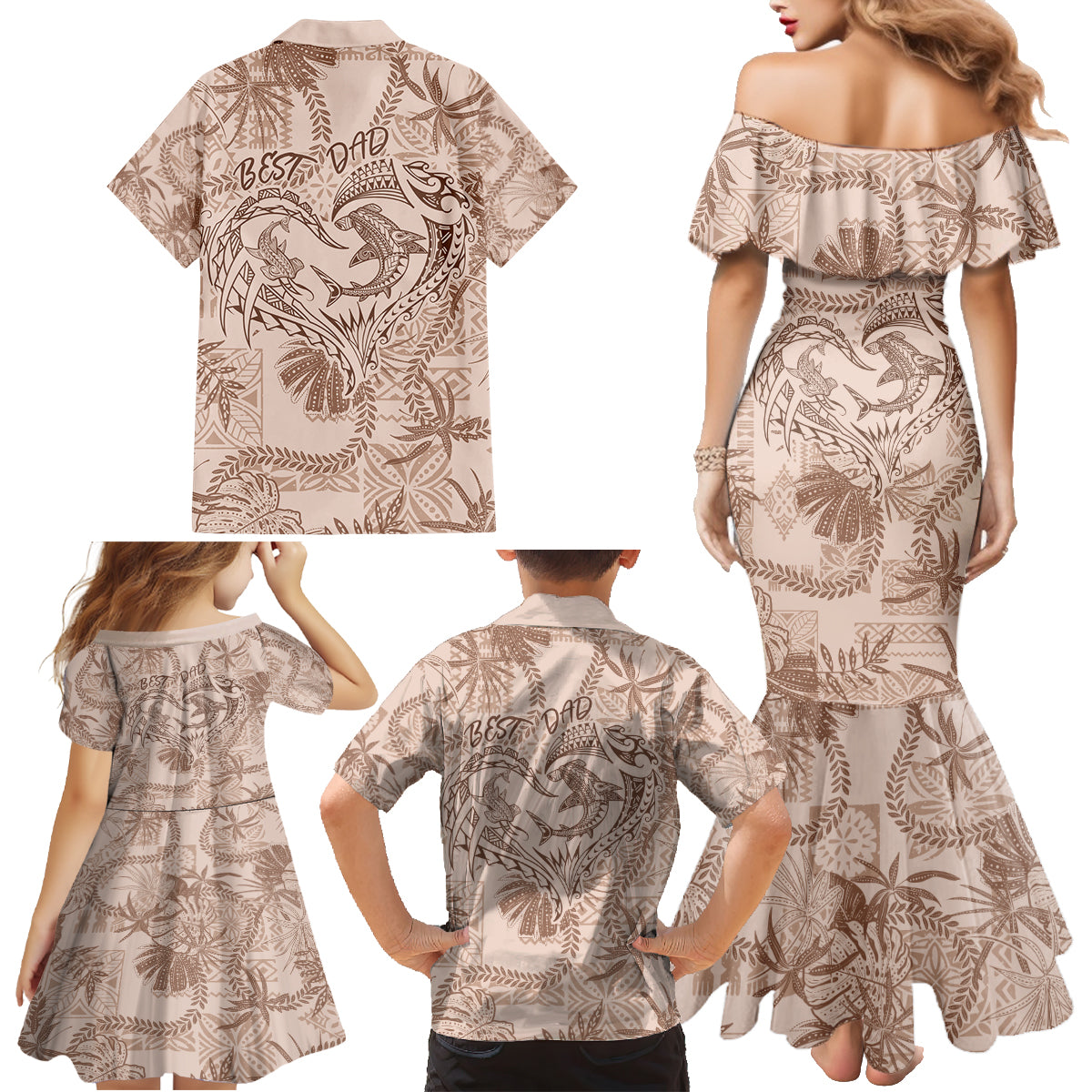 Hawaii Father's Day Vintage Lei Family Matching Mermaid Dress and Hawaiian Shirt Hauoli la Makuakane - Beige