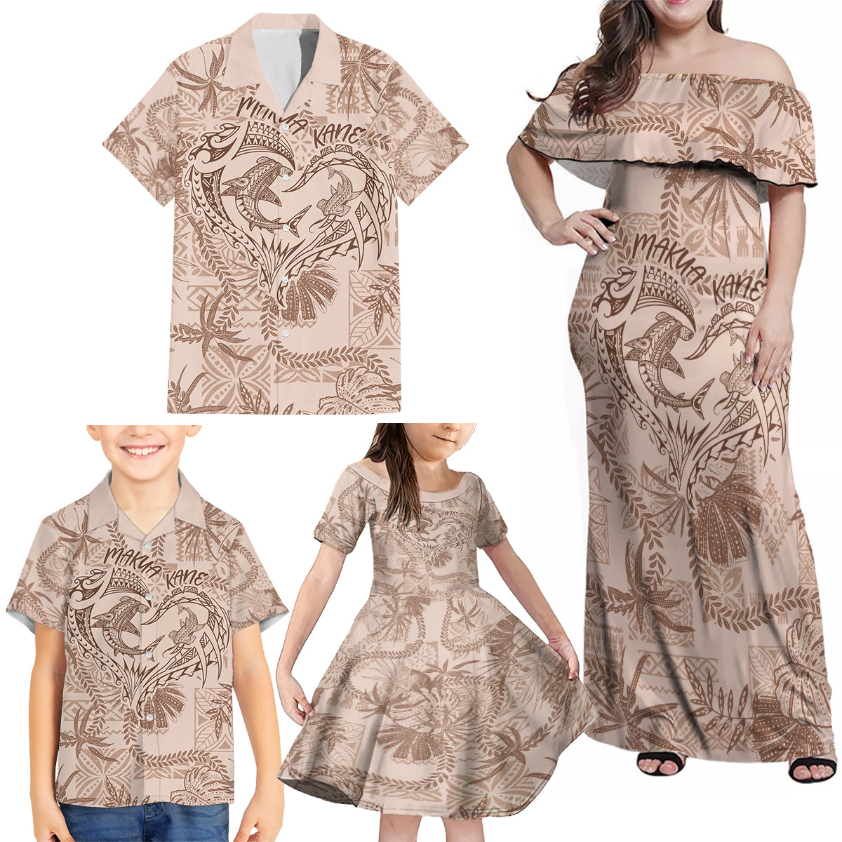 Hawaii Father's Day Vintage Lei Family Matching Off Shoulder Maxi Dress and Hawaiian Shirt Hauoli la Makuakane - Beige