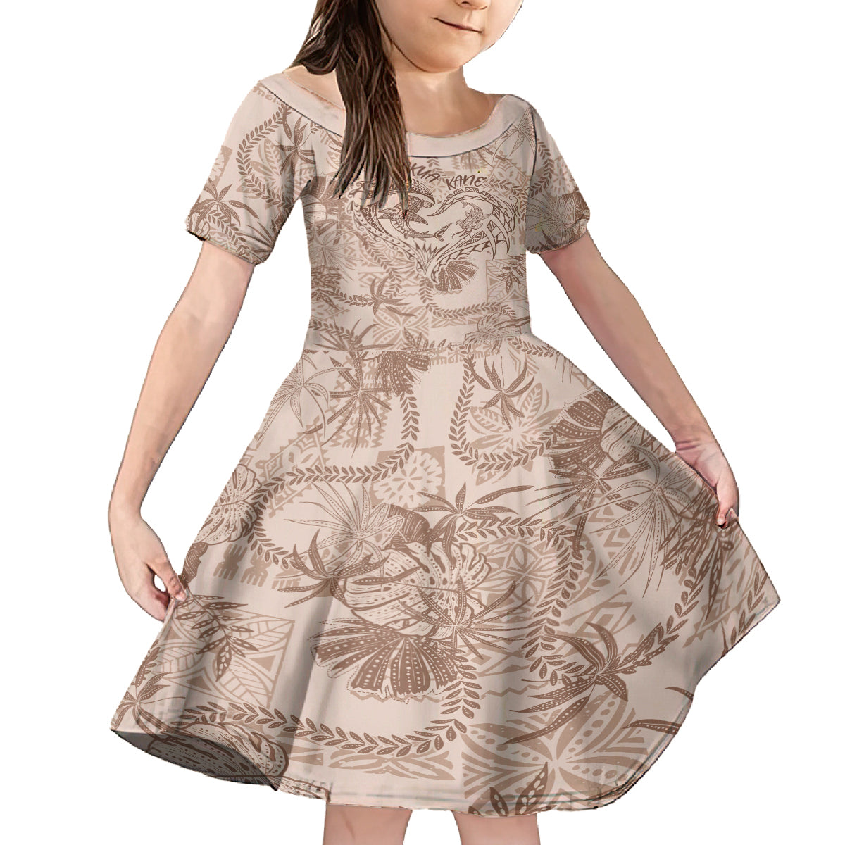 Hawaii Father's Day Vintage Lei Family Matching Off Shoulder Short Dress and Hawaiian Shirt Hauoli la Makuakane - Beige