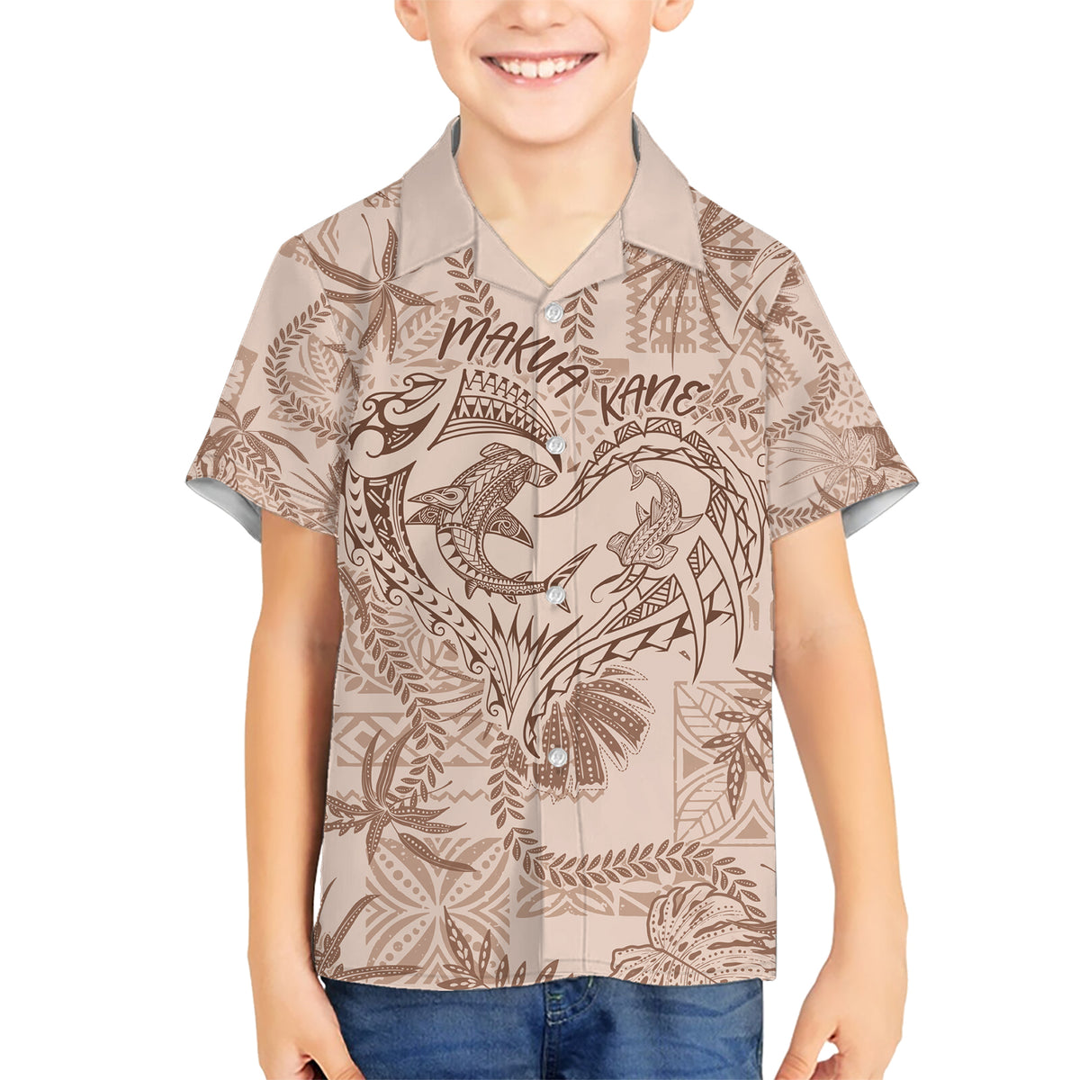 Hawaii Father's Day Vintage Lei Kid Hawaiian Shirt Hauoli la Makuakane - Beige LT7 Kid Beige - Polynesian Pride