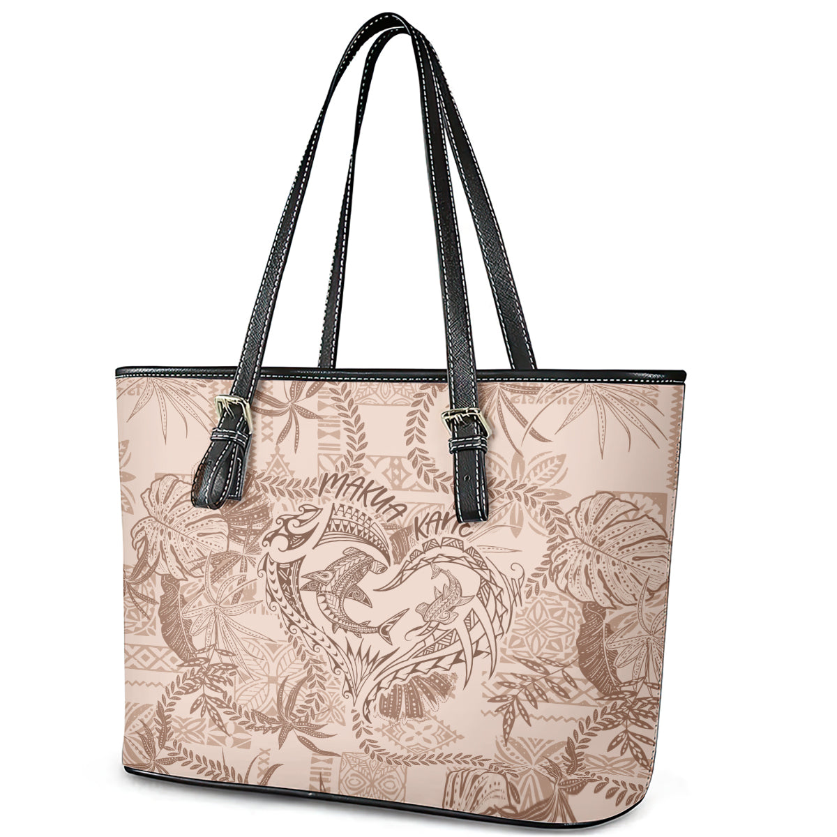 Hawaii Father's Day Vintage Lei Leather Tote Bag Hauoli la Makuakane - Beige LT7 - Polynesian Pride