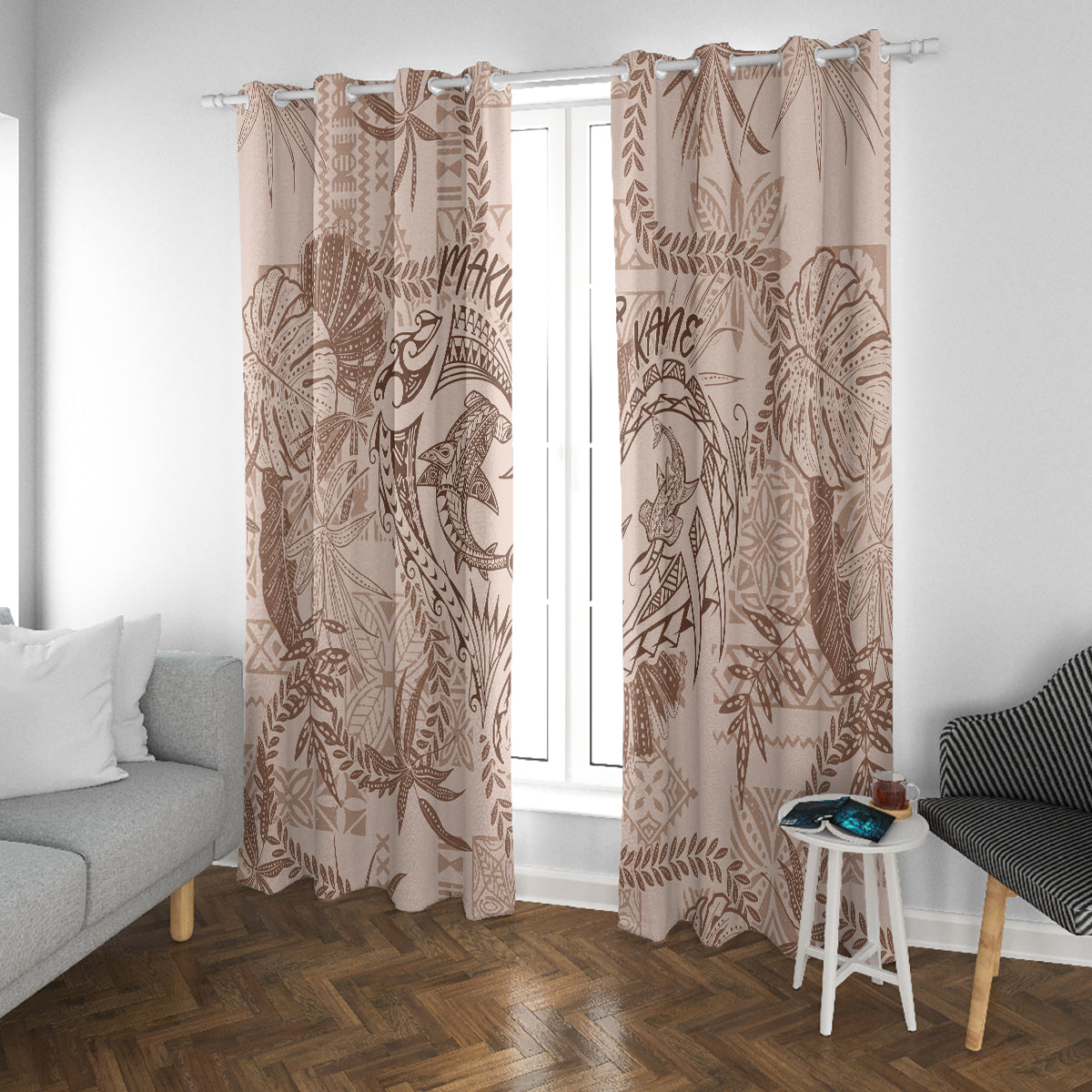 Hawaii Father's Day Vintage Lei Window Curtain Hauoli la Makuakane - Beige LT7 With Grommets Beige - Polynesian Pride