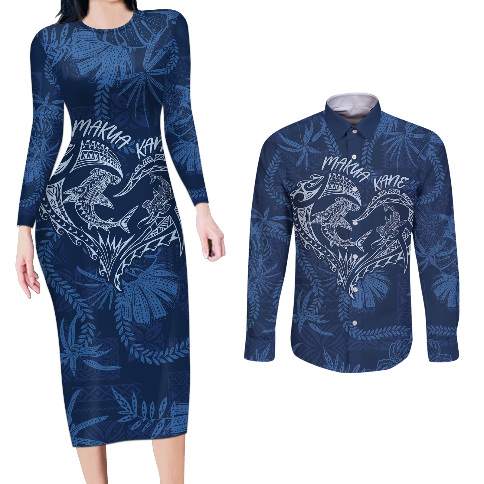 Hawaii Father's Day Vintage Lei Couples Matching Long Sleeve Bodycon Dress and Long Sleeve Button Shirt Hauoli la Makuakane - Blue LT7 Blue - Polynesian Pride