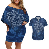 Hawaii Father's Day Vintage Lei Couples Matching Off Shoulder Short Dress and Hawaiian Shirt Hauoli la Makuakane - Blue