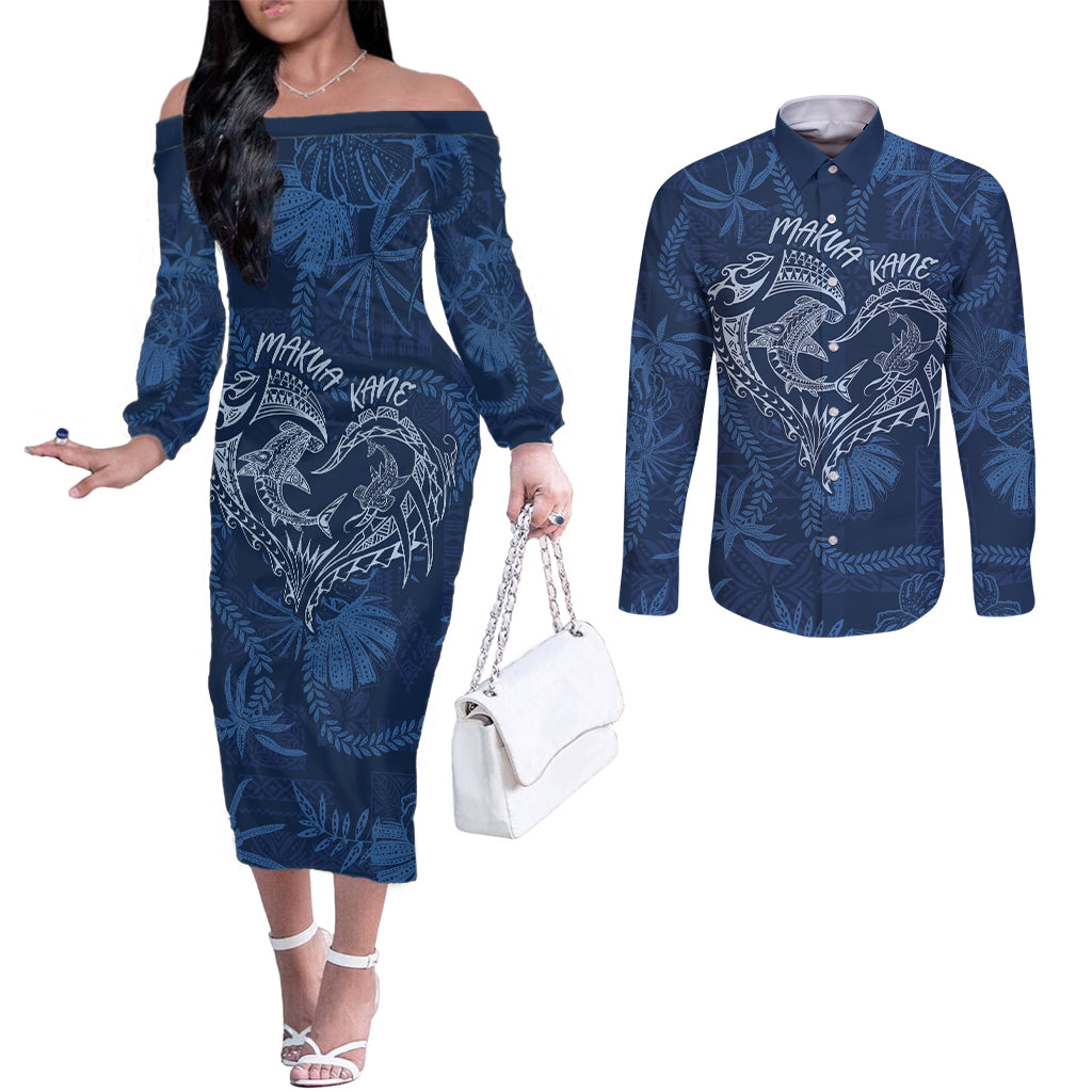 Hawaii Father's Day Vintage Lei Couples Matching Off The Shoulder Long Sleeve Dress and Long Sleeve Button Shirt Hauoli la Makuakane - Blue LT7 Blue - Polynesian Pride