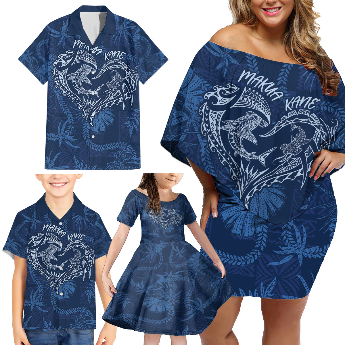 Hawaii Father's Day Vintage Lei Family Matching Off Shoulder Short Dress and Hawaiian Shirt Hauoli la Makuakane - Blue