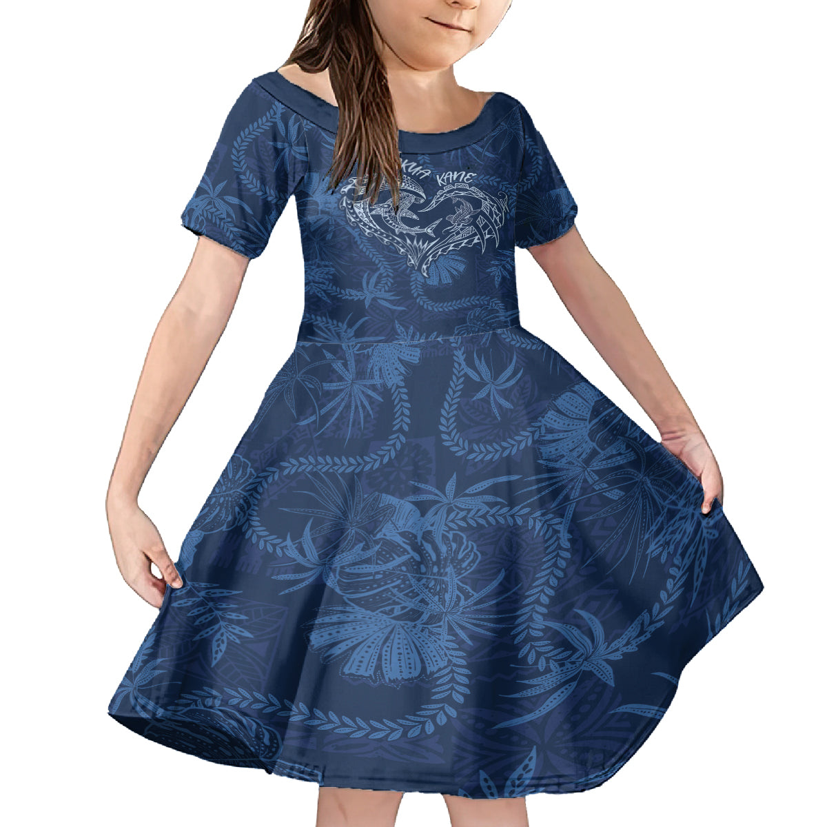 Hawaii Father's Day Vintage Lei Kid Short Sleeve Dress Hauoli la Makuakane - Blue LT7 KID Blue - Polynesian Pride