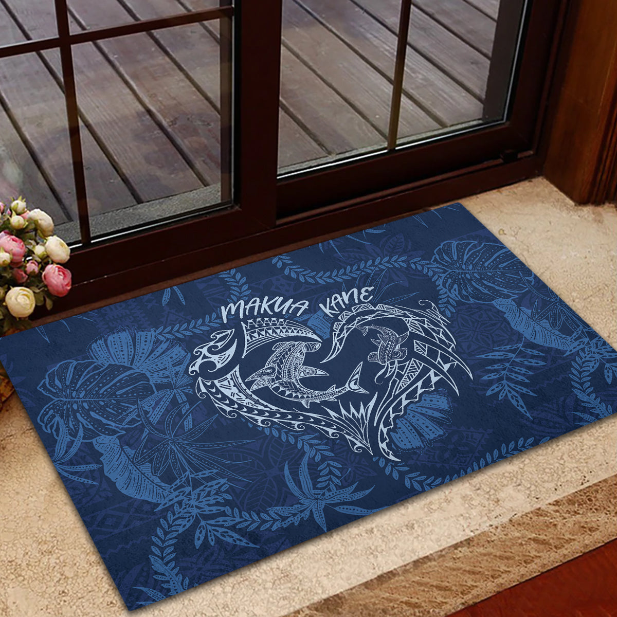 Hawaii Father's Day Vintage Lei Rubber Doormat Hauoli la Makuakane - Blue LT7 - Polynesian Pride