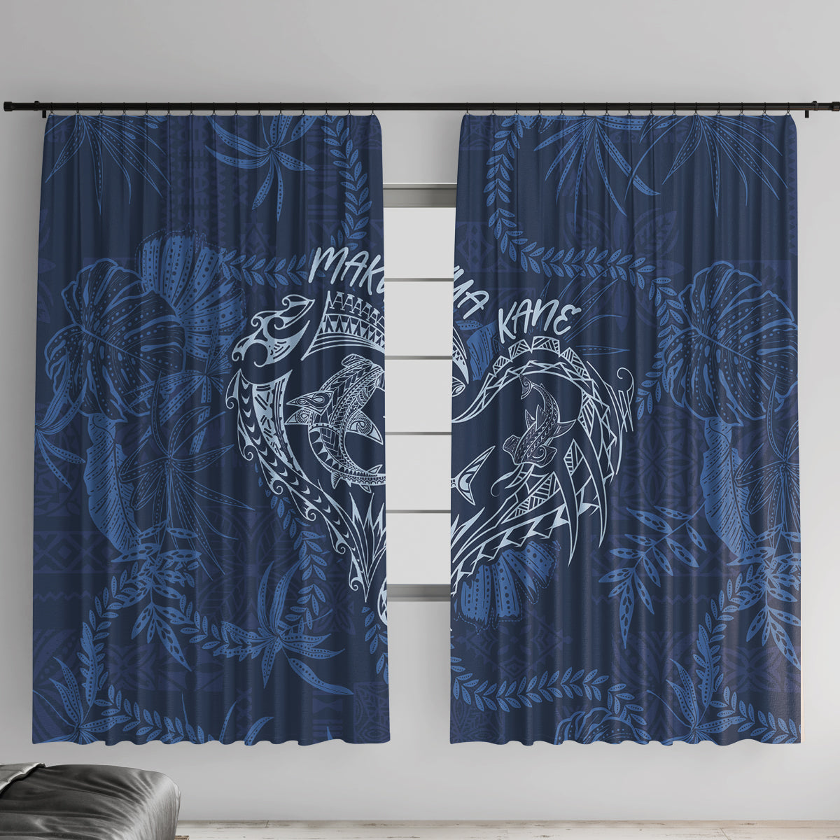 Hawaii Father's Day Vintage Lei Window Curtain Hauoli la Makuakane - Blue LT7 With Hooks Blue - Polynesian Pride