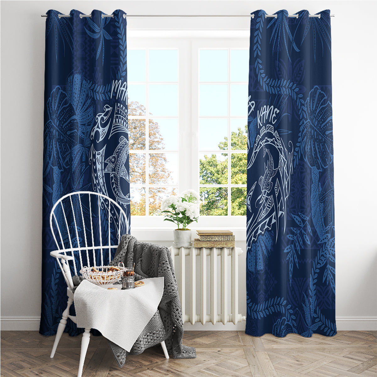 Hawaii Father's Day Vintage Lei Window Curtain Hauoli la Makuakane - Blue LT7 - Polynesian Pride