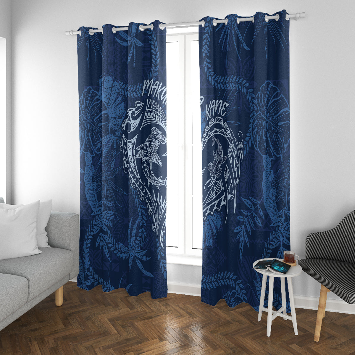 Hawaii Father's Day Vintage Lei Window Curtain Hauoli la Makuakane - Blue LT7 With Grommets Blue - Polynesian Pride