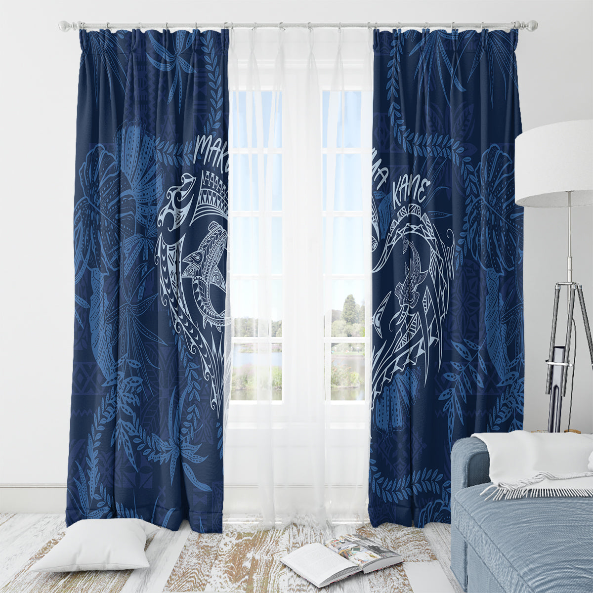 Hawaii Father's Day Vintage Lei Window Curtain Hauoli la Makuakane - Blue LT7 - Polynesian Pride