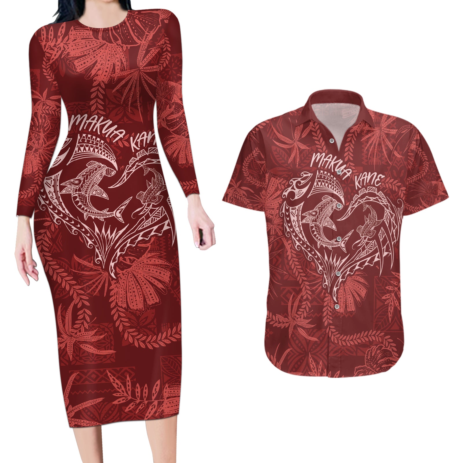 Hawaii Father's Day Vintage Lei Couples Matching Long Sleeve Bodycon Dress and Hawaiian Shirt Hauoli la Makuakane - Red LT7 Red - Polynesian Pride