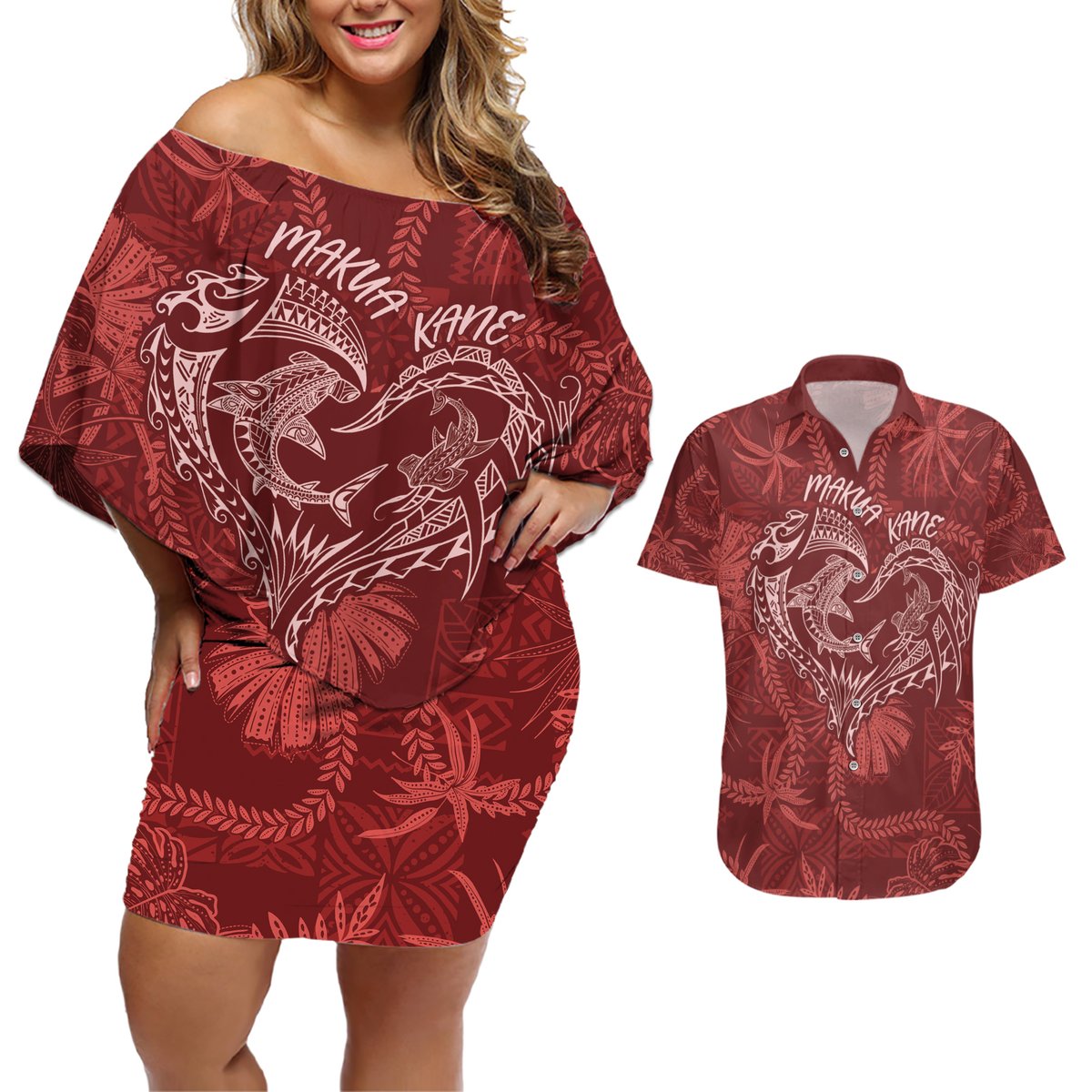 Hawaii Father's Day Vintage Lei Couples Matching Off Shoulder Short Dress and Hawaiian Shirt Hauoli la Makuakane - Red LT7 Red - Polynesian Pride