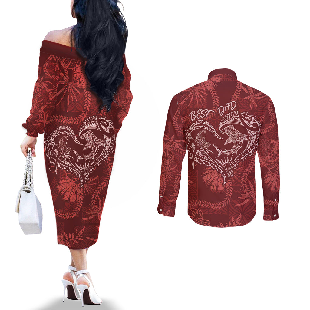 Hawaii Father's Day Vintage Lei Couples Matching Off The Shoulder Long Sleeve Dress and Long Sleeve Button Shirt Hauoli la Makuakane - Red