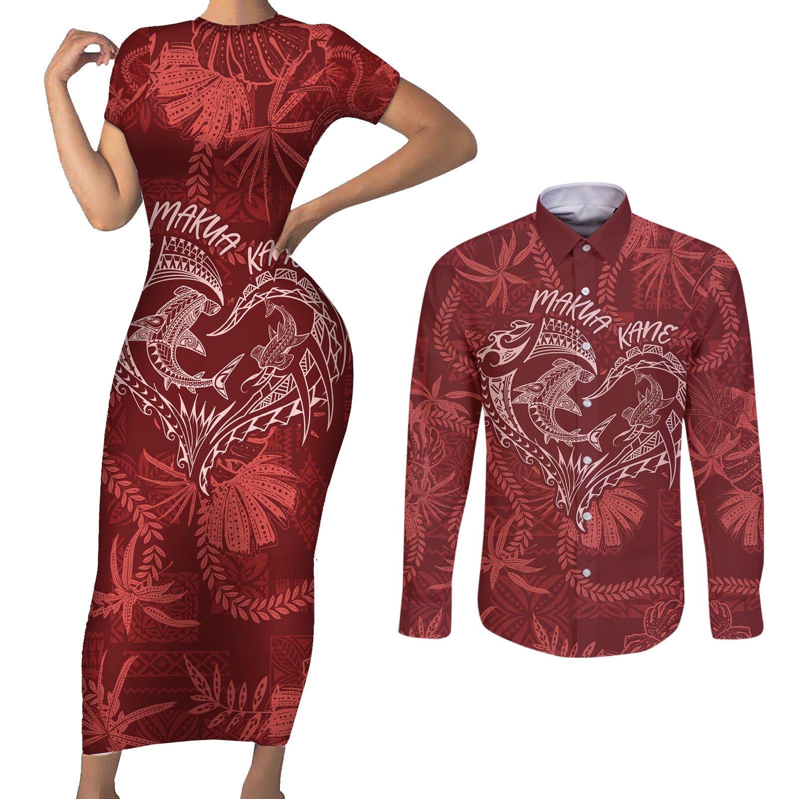 Hawaii Father's Day Vintage Lei Couples Matching Short Sleeve Bodycon Dress and Long Sleeve Button Shirt Hauoli la Makuakane - Red