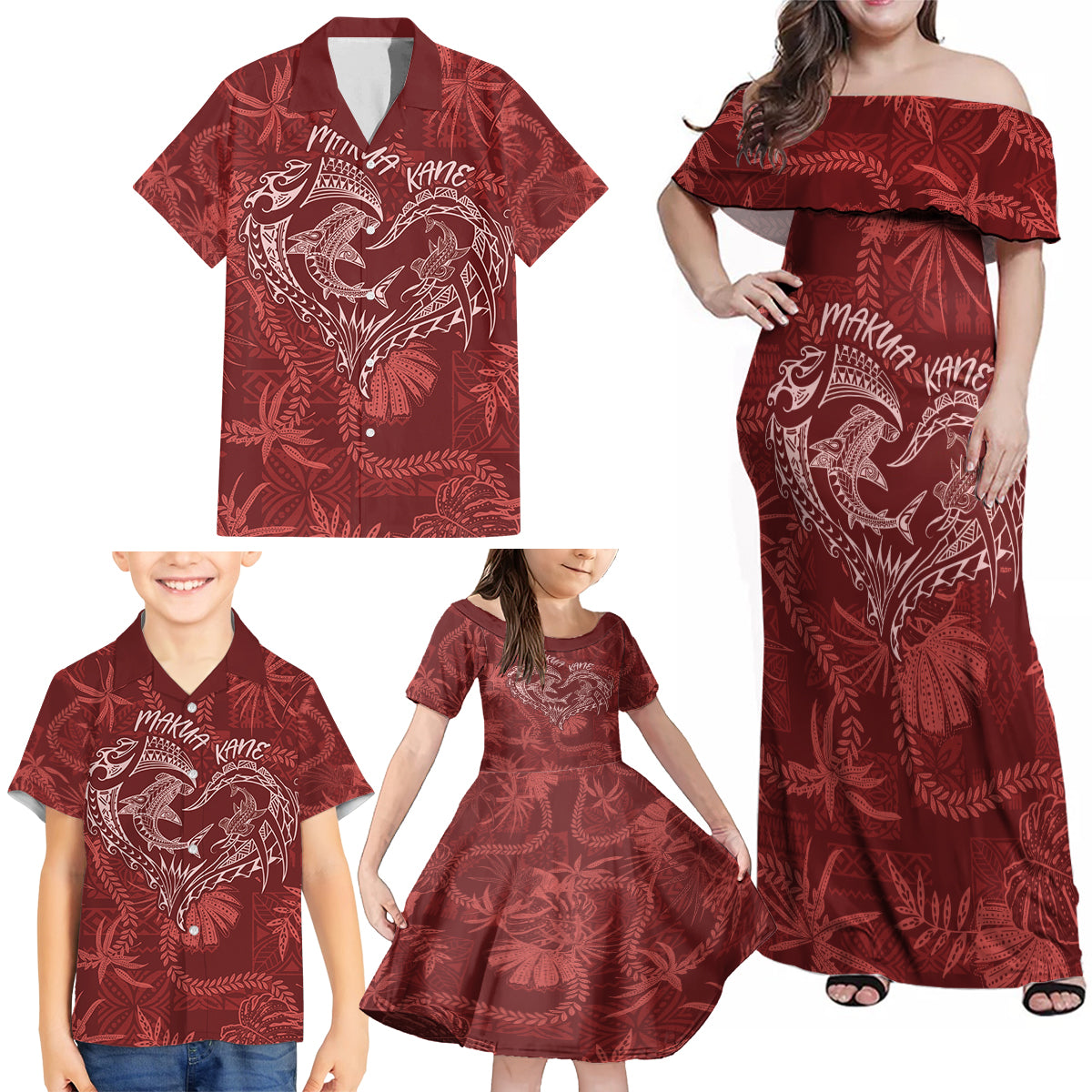 Hawaii Father's Day Vintage Lei Family Matching Off Shoulder Maxi Dress and Hawaiian Shirt Hauoli la Makuakane - Red