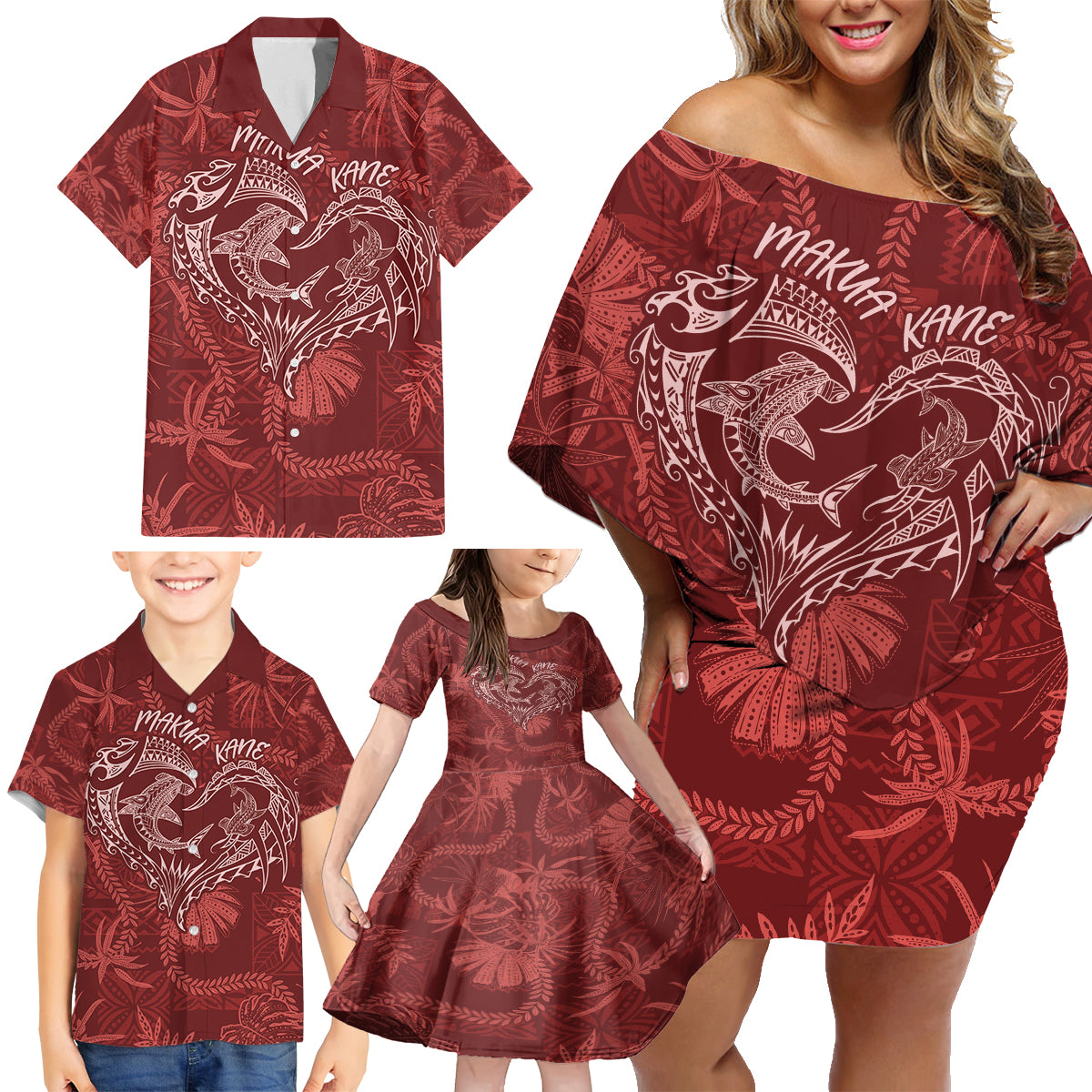 Hawaii Father's Day Vintage Lei Family Matching Off Shoulder Short Dress and Hawaiian Shirt Hauoli la Makuakane - Red