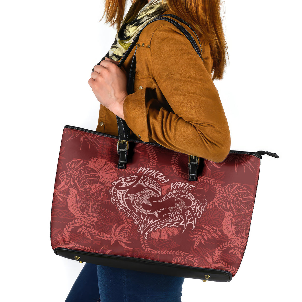 Hawaii Father's Day Vintage Lei Leather Tote Bag Hauoli la Makuakane - Red LT7 Red - Polynesian Pride