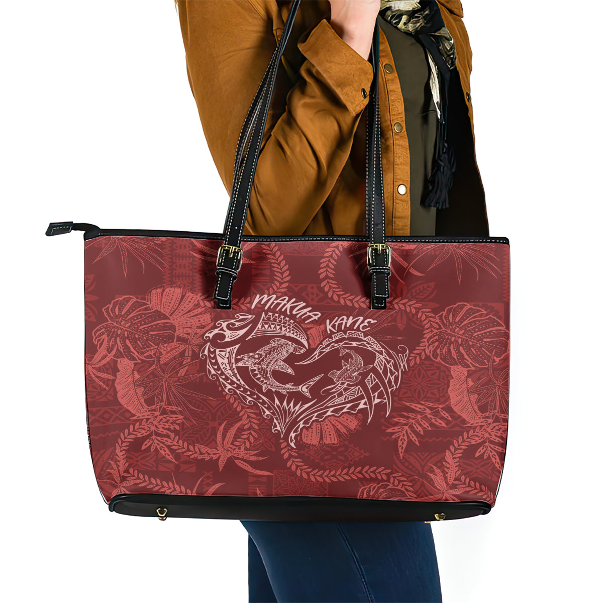 Hawaii Father's Day Vintage Lei Leather Tote Bag Hauoli la Makuakane - Red