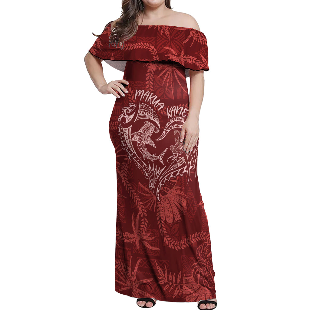 Hawaii Father's Day Vintage Lei Off Shoulder Maxi Dress Hauoli la Makuakane - Red LT7 Women Red - Polynesian Pride