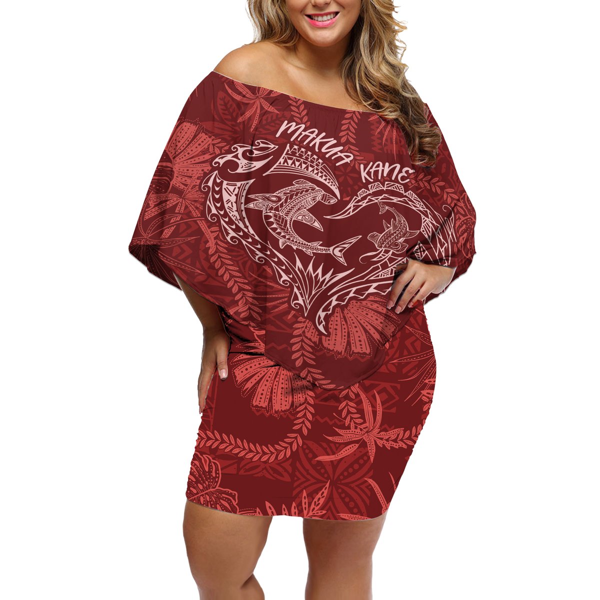 Hawaii Father's Day Vintage Lei Off Shoulder Short Dress Hauoli la Makuakane - Red LT7 Women Red - Polynesian Pride