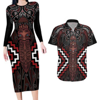 Maori Taiaha Whakairo Personalized Couples Matching Long Sleeve Bodycon Dress and Hawaiian Shirt Red Poutama Motifs