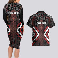 Maori Taiaha Whakairo Personalized Couples Matching Long Sleeve Bodycon Dress and Hawaiian Shirt Red Poutama Motifs