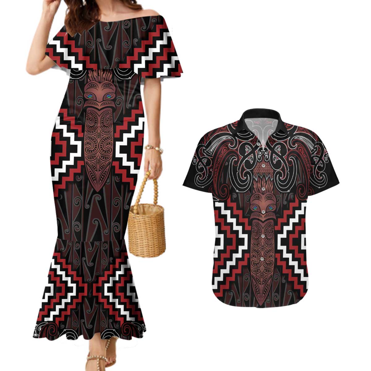 Maori Taiaha Whakairo Personalized Couples Matching Mermaid Dress and Hawaiian Shirt Red Poutama Motifs