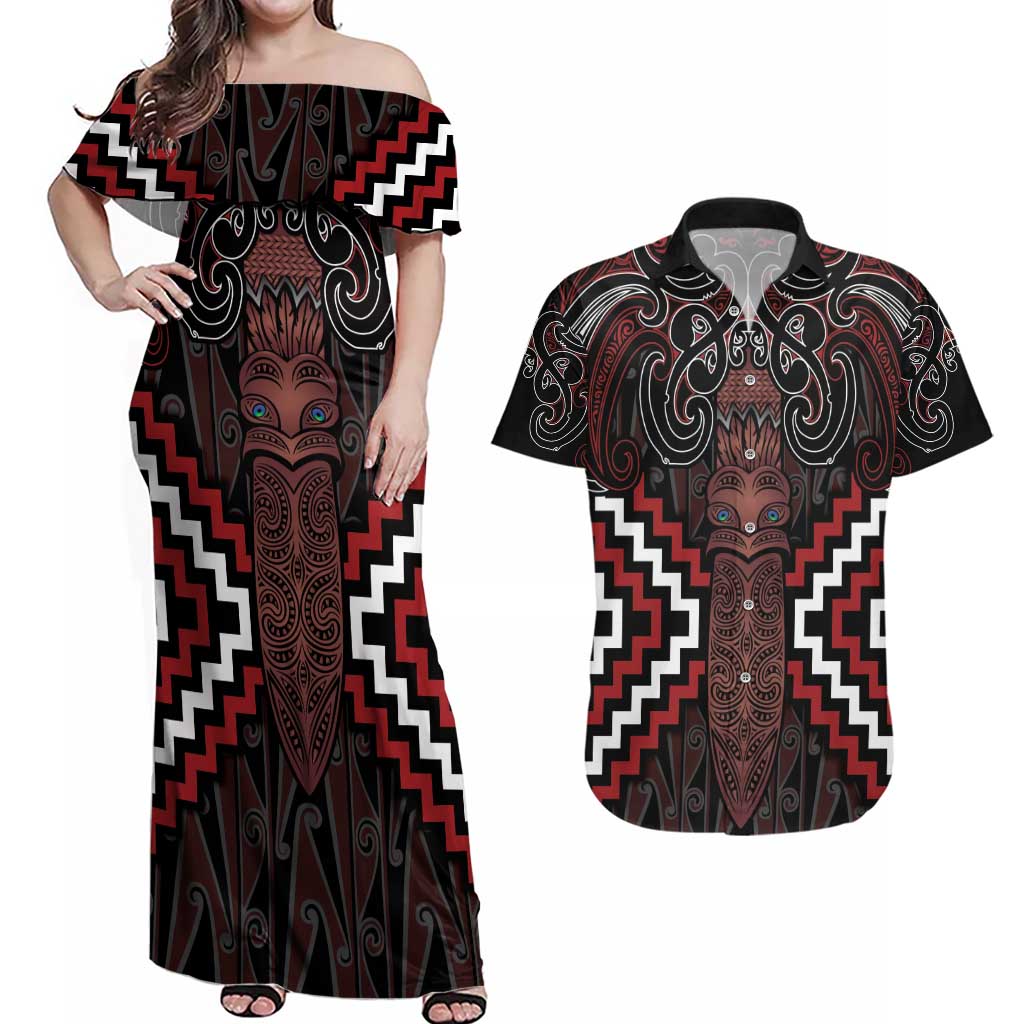 Maori Taiaha Whakairo Personalized Couples Matching Off Shoulder Maxi Dress and Hawaiian Shirt Red Poutama Motifs