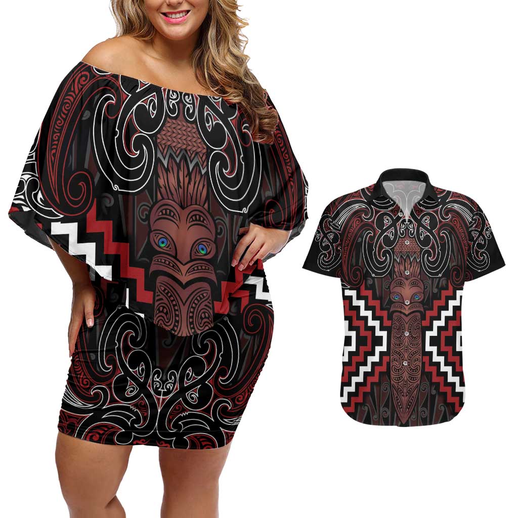 Maori Taiaha Whakairo Personalized Couples Matching Off Shoulder Short Dress and Hawaiian Shirt Red Poutama Motifs