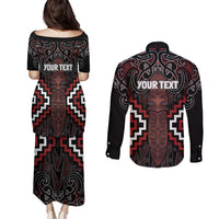 Maori Taiaha Whakairo Personalized Couples Matching Puletasi and Long Sleeve Button Shirt Red Poutama Motifs LT7 - Polynesian Pride