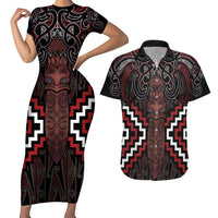 Maori Taiaha Whakairo Personalized Couples Matching Short Sleeve Bodycon Dress and Hawaiian Shirt Red Poutama Motifs