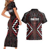 Maori Taiaha Whakairo Personalized Couples Matching Short Sleeve Bodycon Dress and Hawaiian Shirt Red Poutama Motifs
