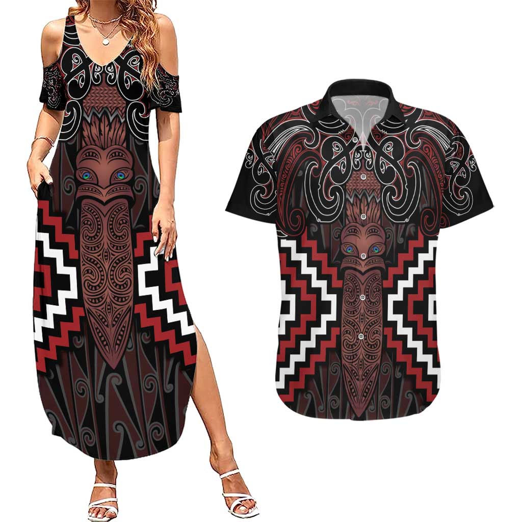 Maori Taiaha Whakairo Personalized Couples Matching Summer Maxi Dress and Hawaiian Shirt Red Poutama Motifs