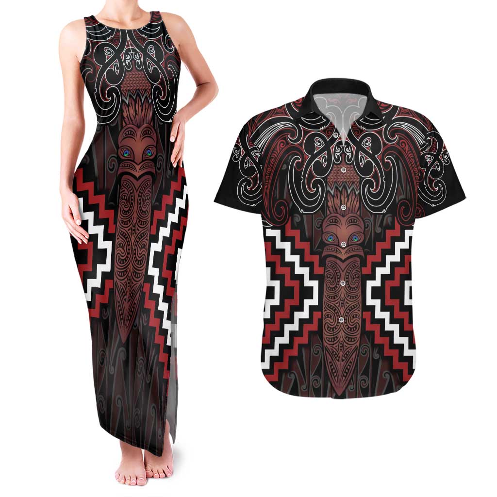 Maori Taiaha Whakairo Personalized Couples Matching Tank Maxi Dress and Hawaiian Shirt Red Poutama Motifs