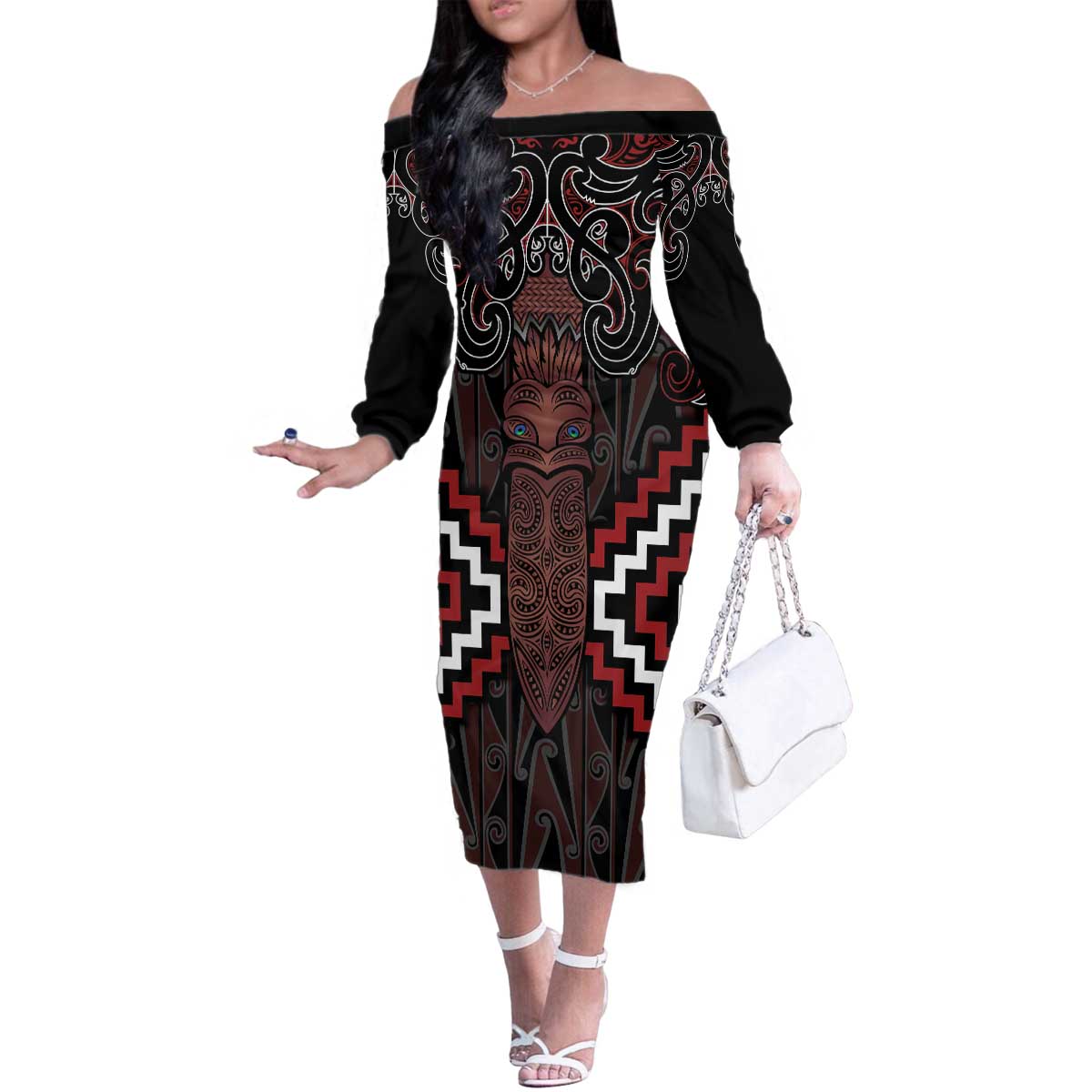Maori Taiaha Whakairo Personalized Family Matching Off The Shoulder Long Sleeve Dress and Hawaiian Shirt Red Poutama Motifs