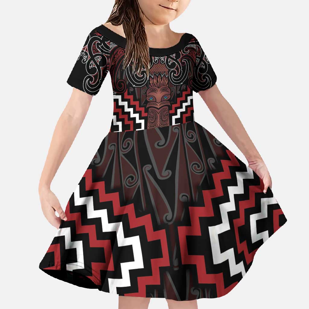 Maori Taiaha Whakairo Personalized Family Matching Tank Maxi Dress and Hawaiian Shirt Red Poutama Motifs LT7 Daughter's Dress Red - Polynesian Pride