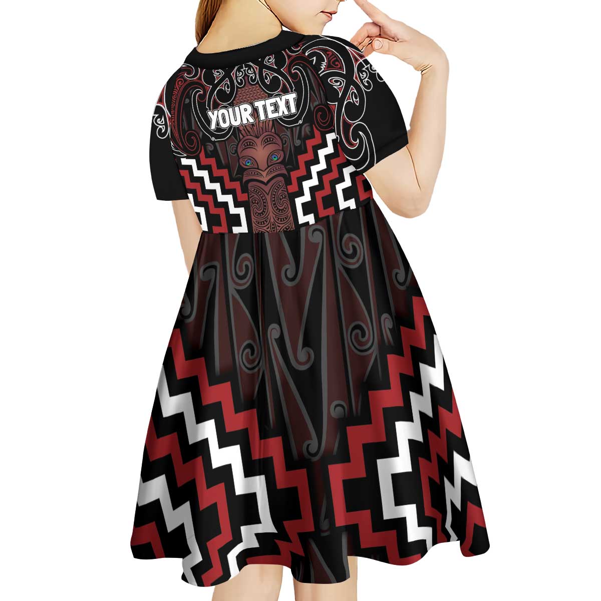 Maori Taiaha Whakairo Personalized Kid Short Sleeve Dress Red Poutama Motifs LT7 - Polynesian Pride