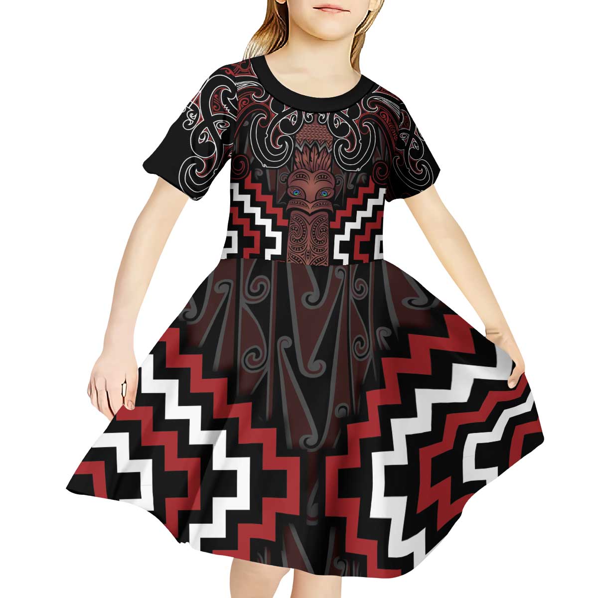 Maori Taiaha Whakairo Personalized Kid Short Sleeve Dress Red Poutama Motifs LT7 - Polynesian Pride