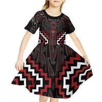 Maori Taiaha Whakairo Personalized Kid Short Sleeve Dress Red Poutama Motifs LT7 - Polynesian Pride
