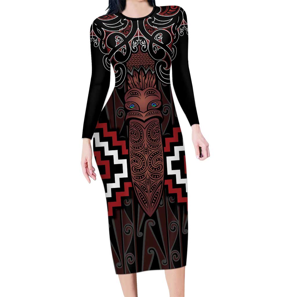 Maori Taiaha Whakairo Personalized Long Sleeve Bodycon Dress Red Poutama Motifs