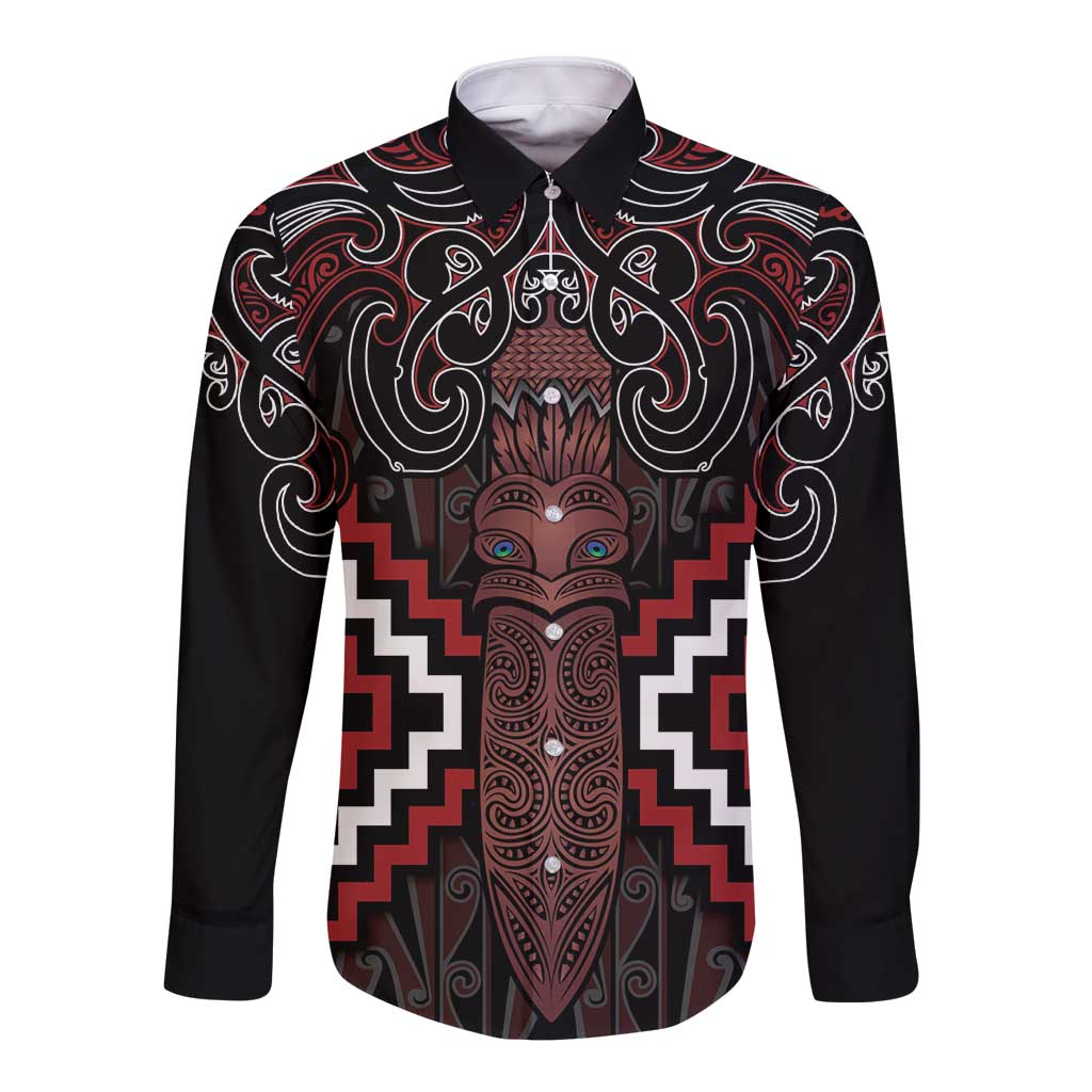 Maori Taiaha Whakairo Personalized Long Sleeve Button Shirt Red Poutama Motifs