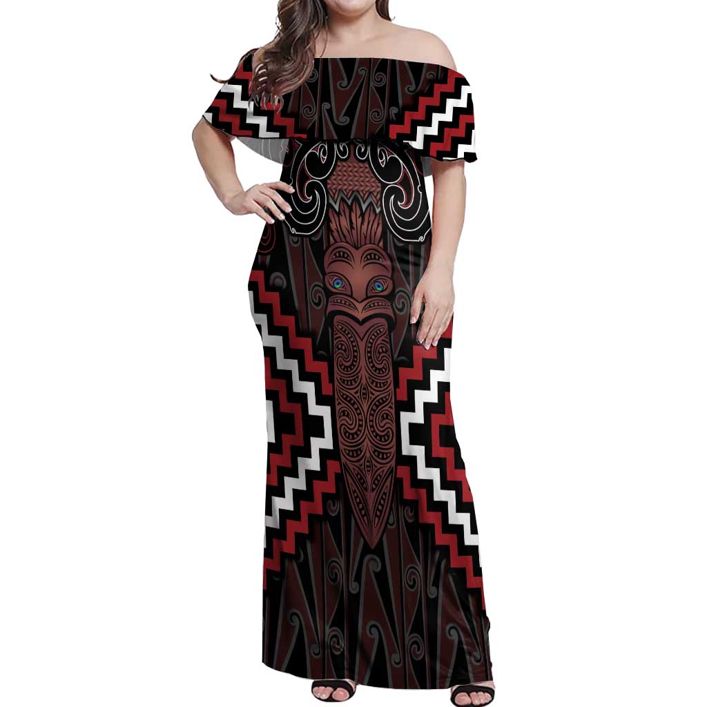 Maori Taiaha Whakairo Personalized Off Shoulder Maxi Dress Red Poutama Motifs