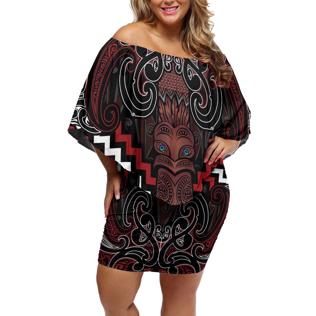 Maori Taiaha Whakairo Personalized Off Shoulder Short Dress Red Poutama Motifs